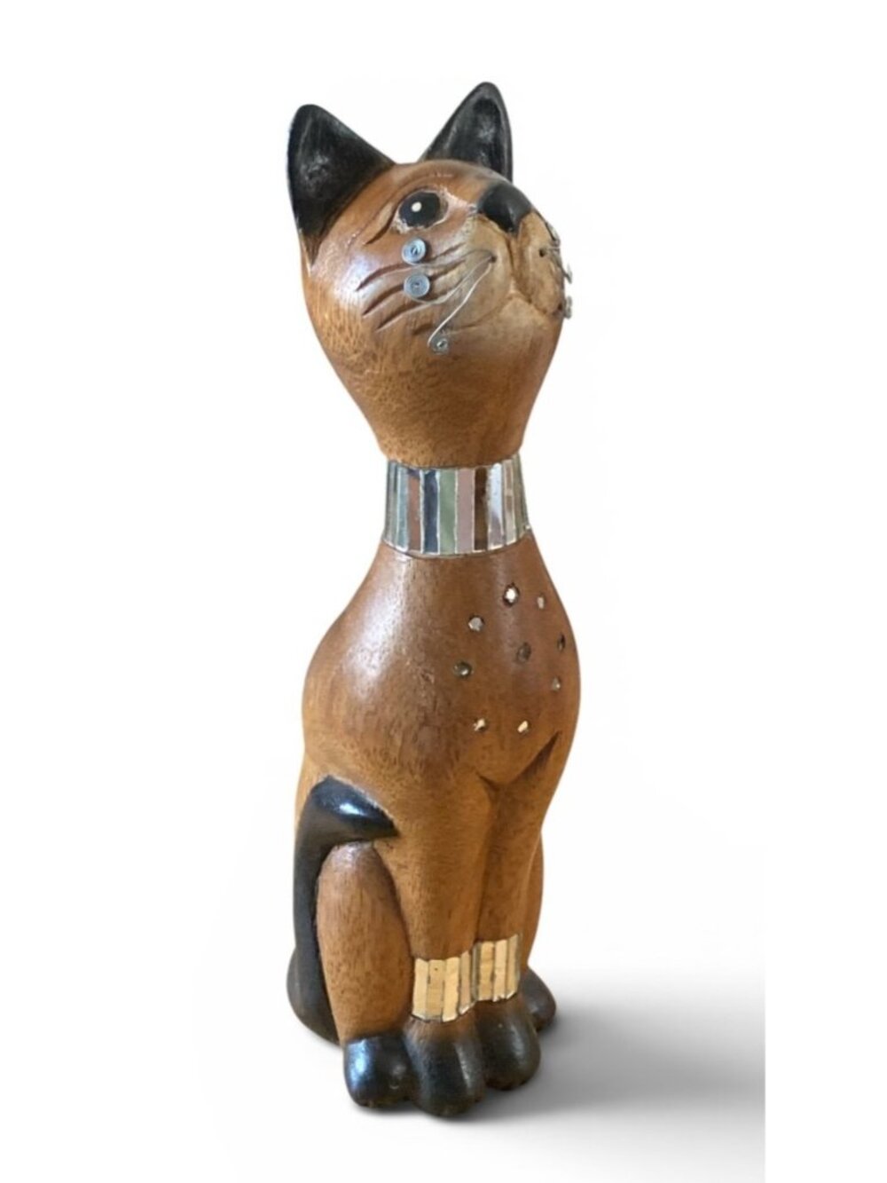 Vtg Hand Carved Whimsical Siamese Cat Burl Wood 12” Mirror Details